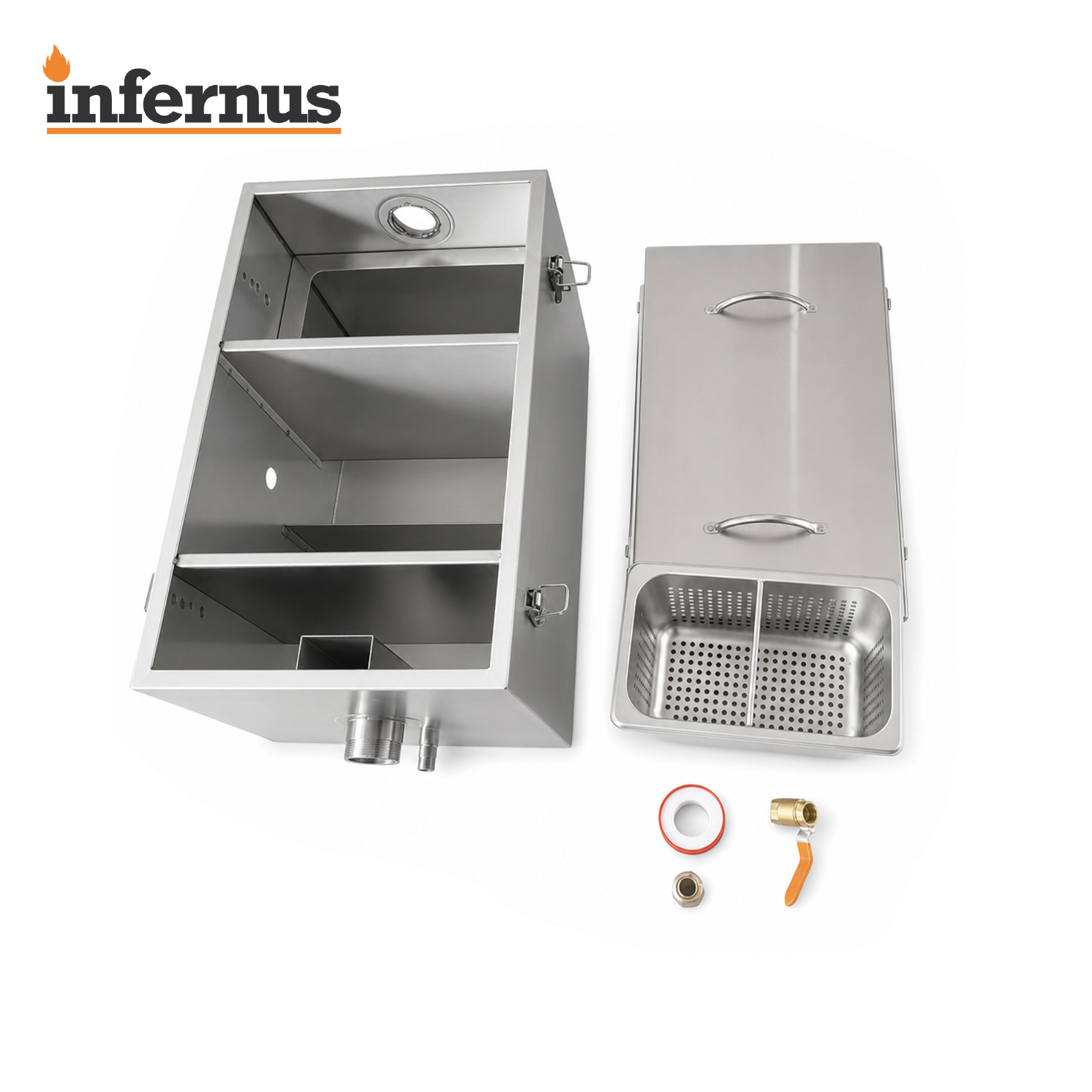 Infernus 80L commercial grease trap with removable lid, internal basket and fittings
