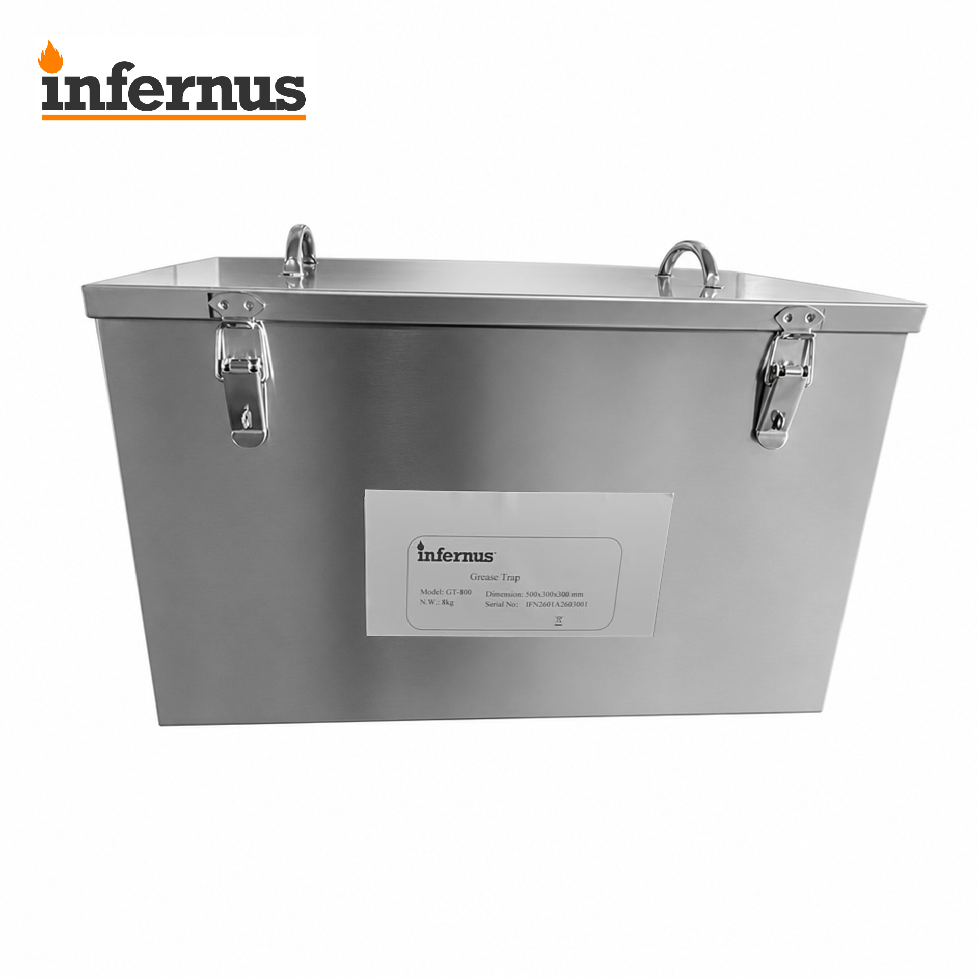Stainless steel construction and secure lid clips on Infernus 80L commercial grease trap