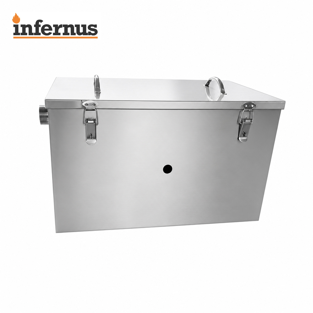 Side view of Infernus 80L stainless steel grease trap with secure lid clips