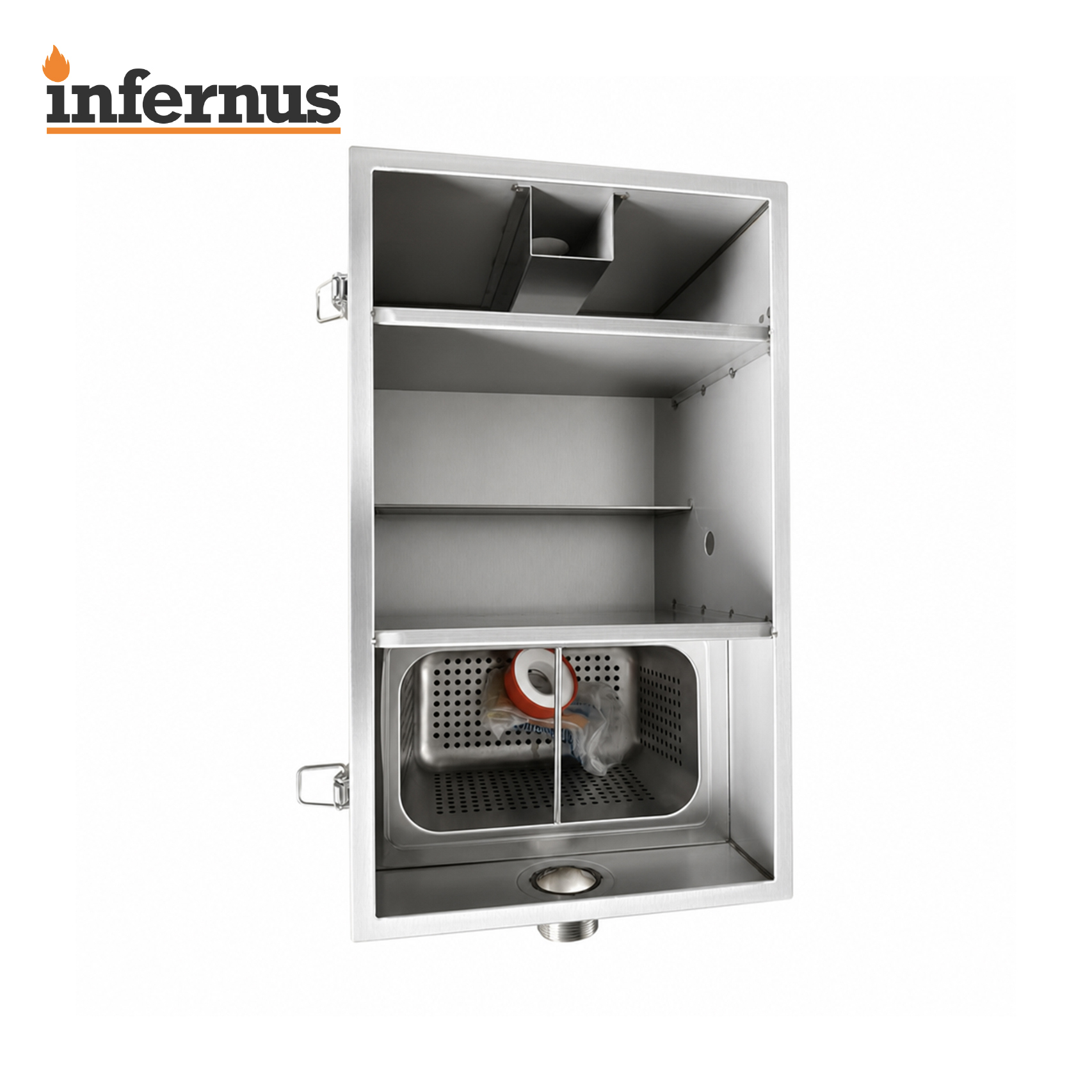 Inside the Infernus 80L commercial grease trap showing separation chambers and removable waste basket