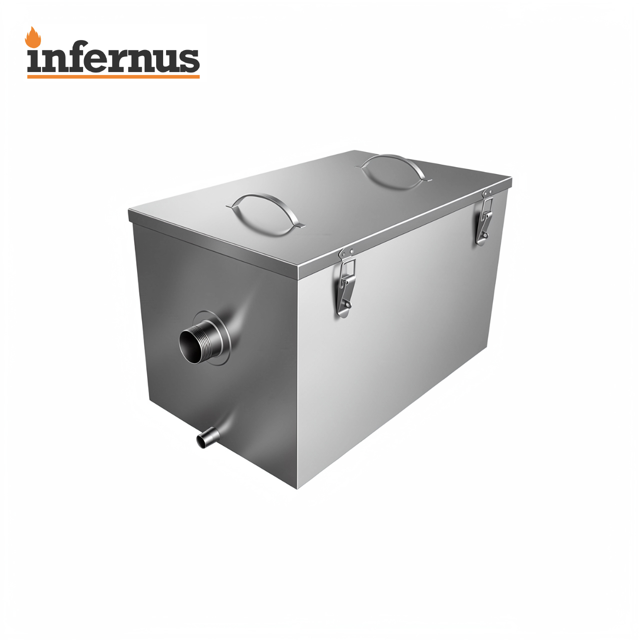 Angled view of Infernus 80L stainless steel commercial kitchen grease trap