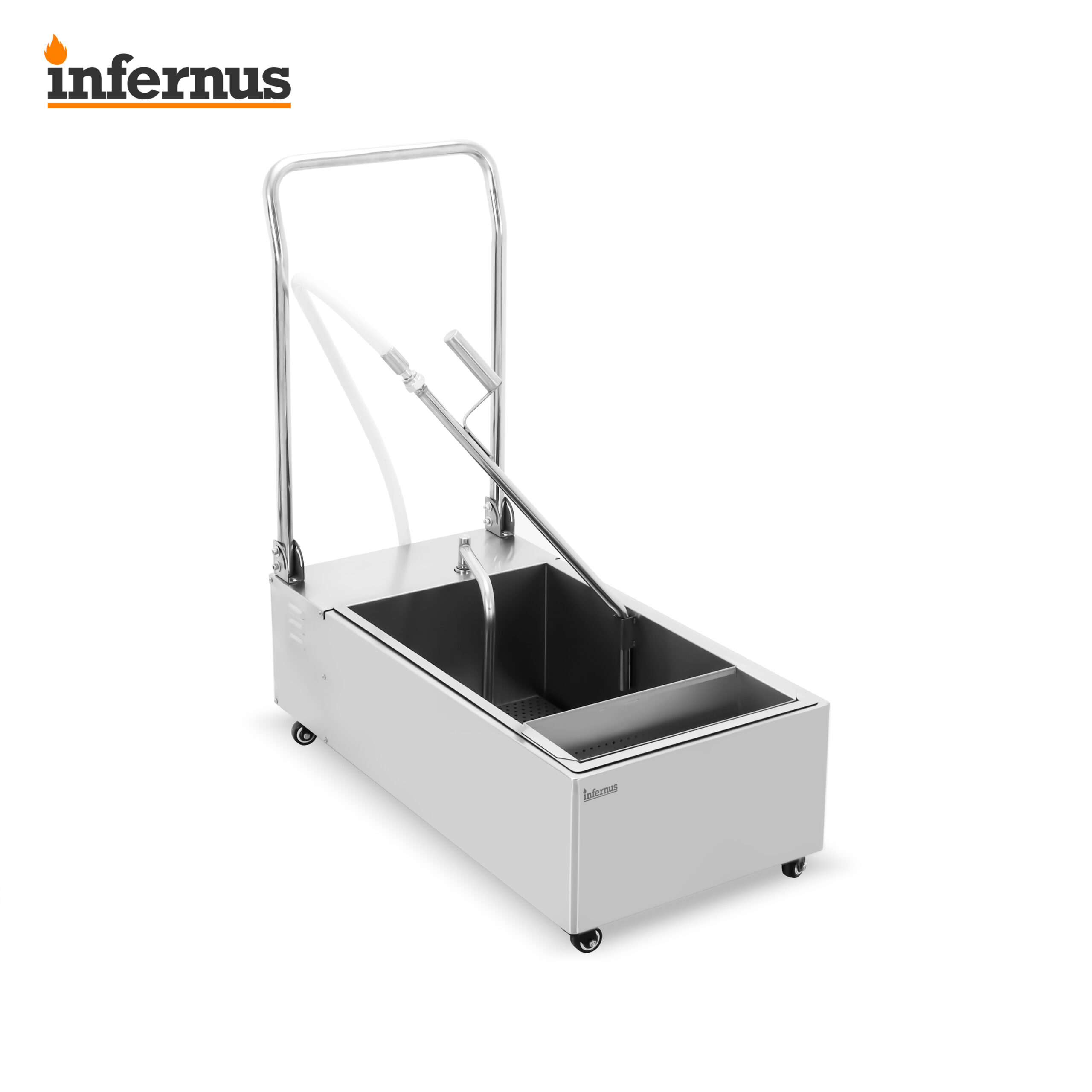 Angled view of the Infernus INF-OF48 oil filter machine with lid open
