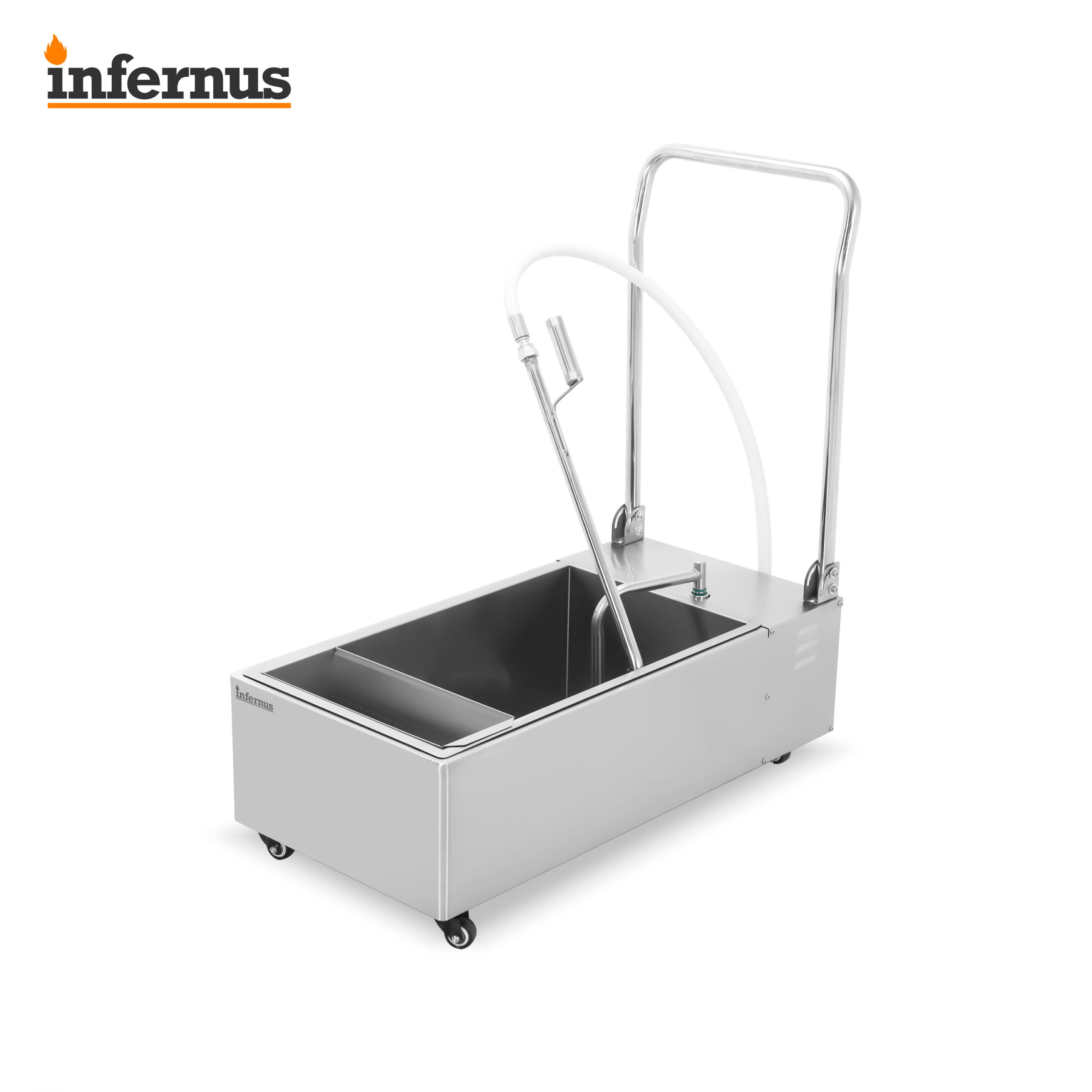 Open stainless steel oil tank of the Infernus INF-OF48 fryer oil filter machine