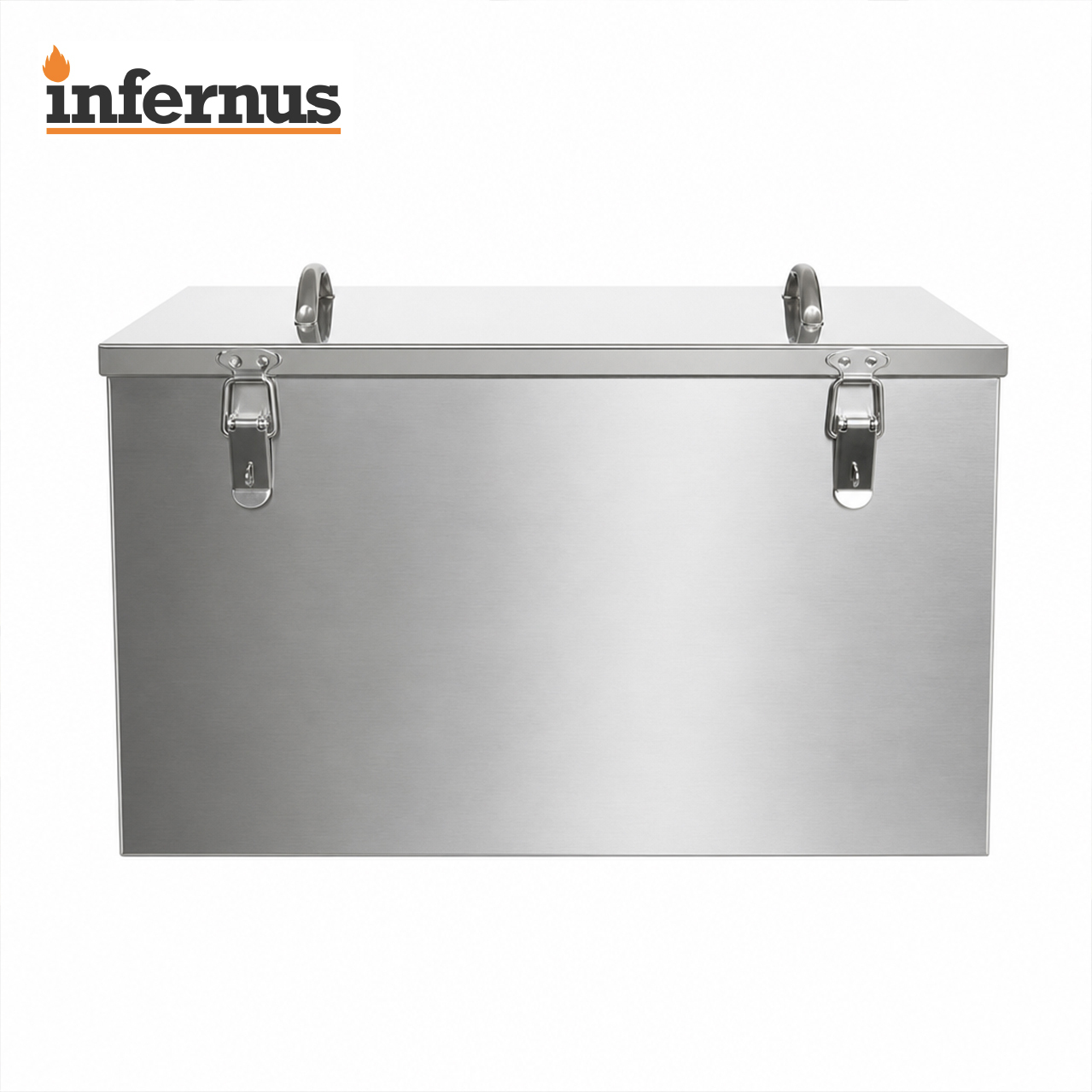 Side view of Infernus 80L stainless steel grease trap with secure lid clips