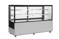Commercial refrigerated countertop display fridge with black glass frame, display shelves and stainless steel control base