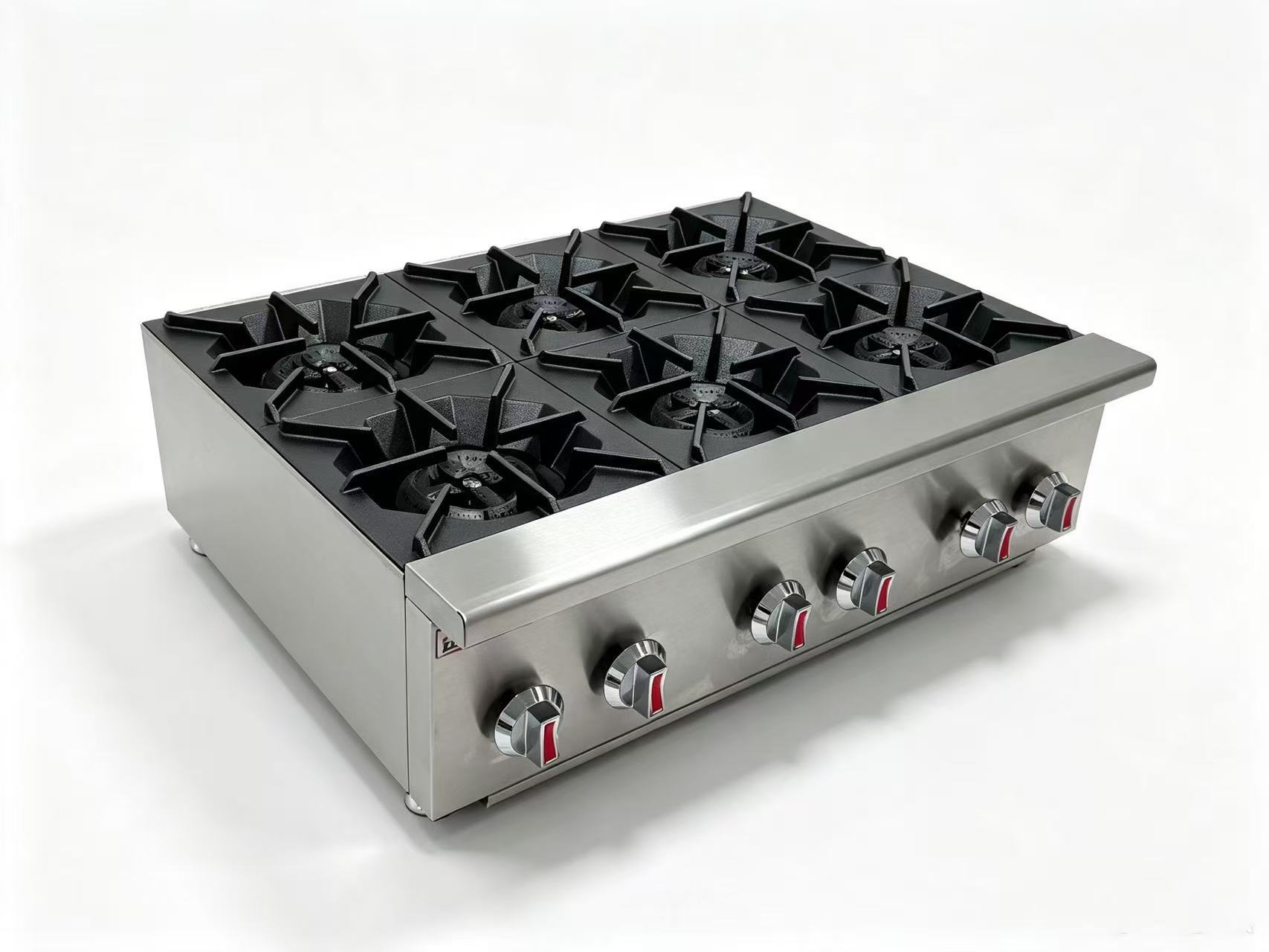 Infernus 6 burner commercial countertop gas range with stainless steel body, four pan supports and individual controls
