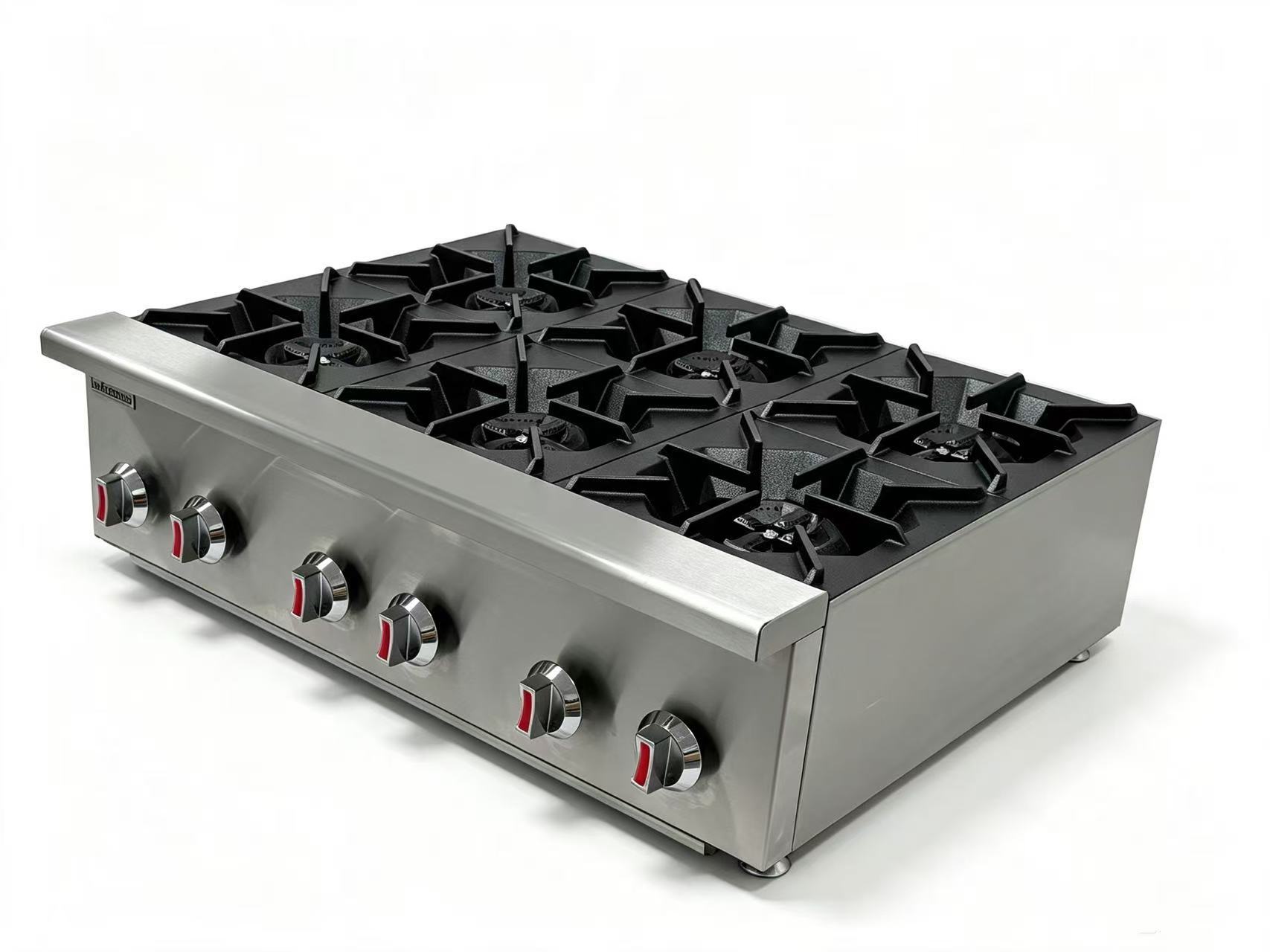 Side angle of Infernus 6 burner commercial gas hob showing stainless steel construction and sturdy pan supports