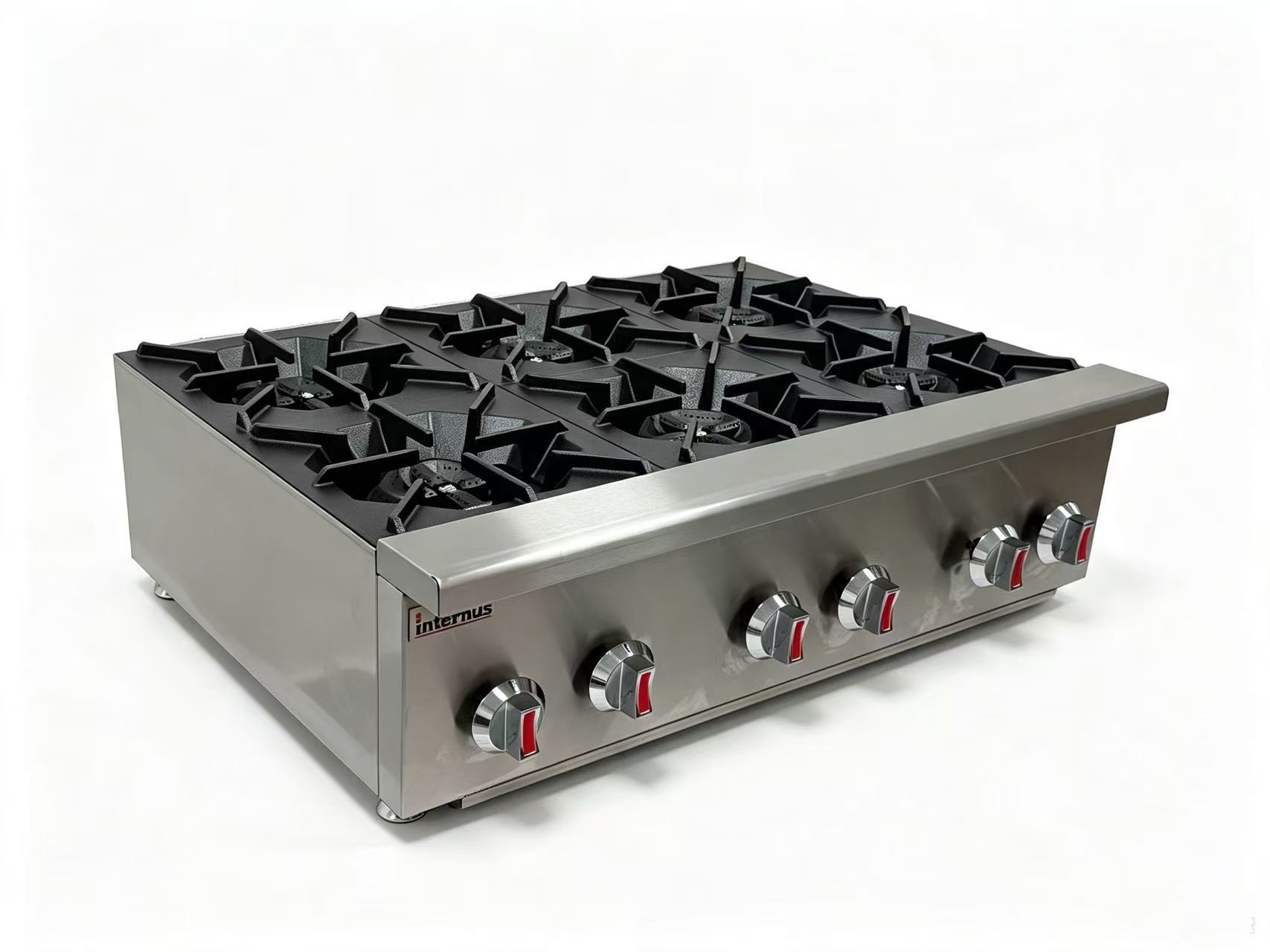 Left angled view of Infernus 6 burner commercial gas cooker with individual controls and pan supports