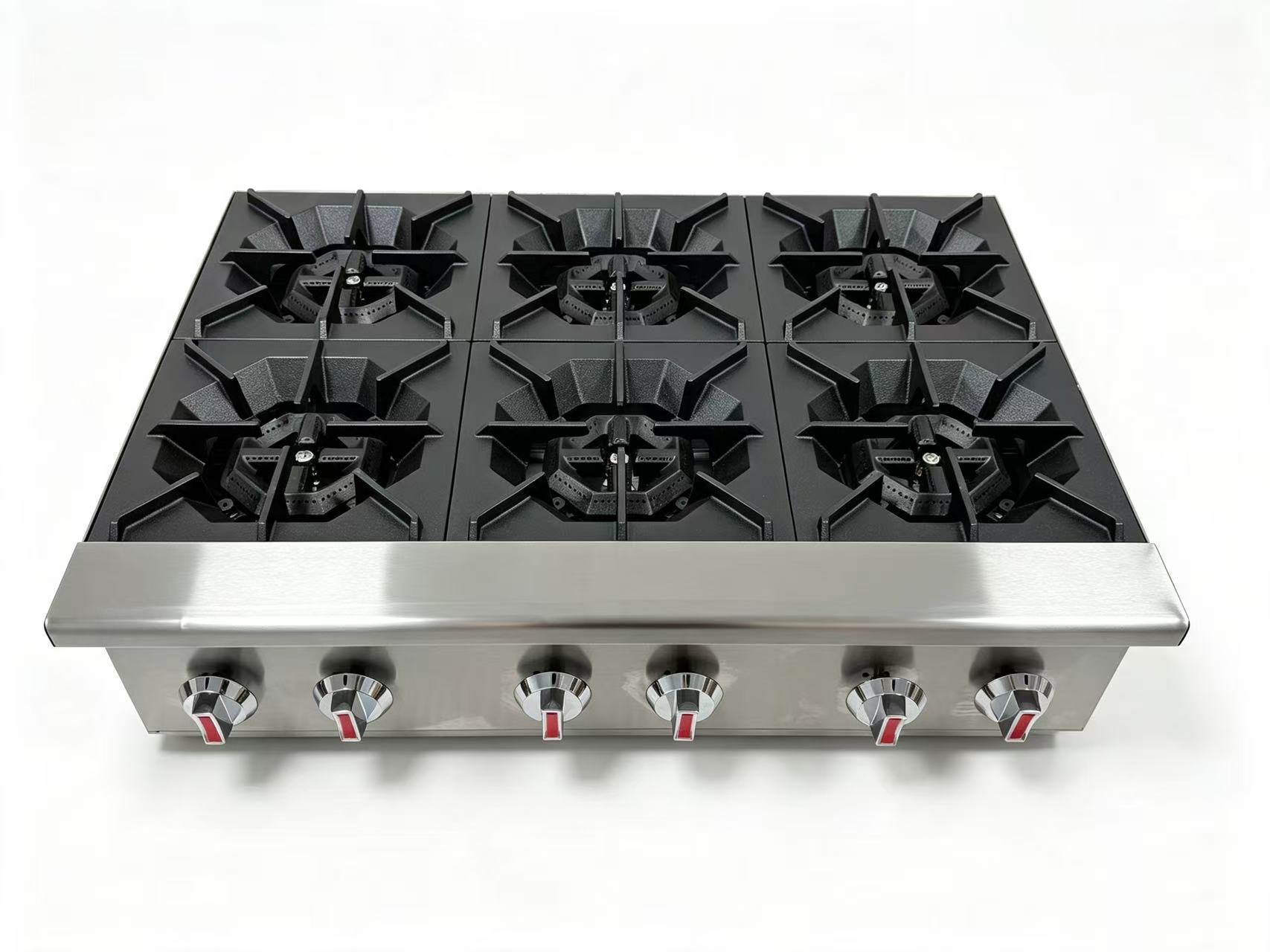 Infernus 6 burner commercial countertop gas range showing six cooking burners and individual pan supports
