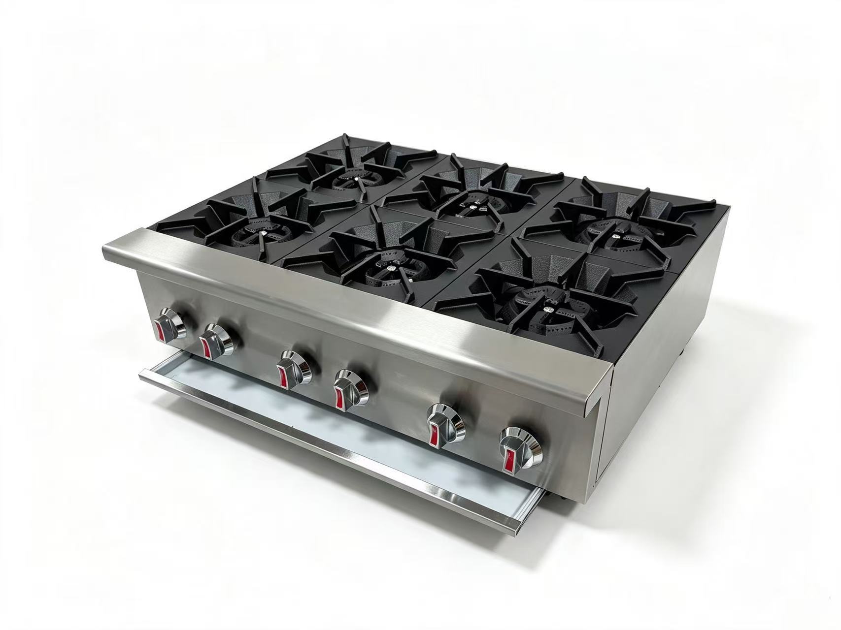 Angled view of Infernus 6 burner commercial countertop gas hob with sturdy pan supports and stainless steel construction